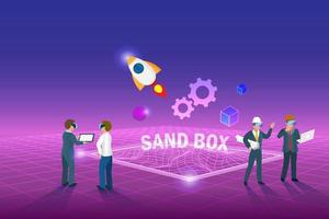 sandbox, programmazione software di prova demo. il team di ingegneri discute il programma di esperimento virtuale in background di simulazione sanbox metaverse vettore