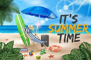 illustrazione vettoriale di vacanza estiva con pallone da spiaggia, foglie di palma, tavola da surf e lettera tipografica su sfondo blu oceano paesaggio.