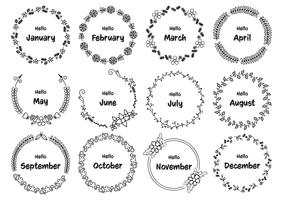 Cornici rotonde floreali disegnati a mano impostato con mesi dell&#39;anno vettore