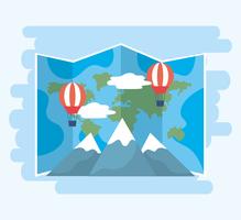Mappa globale con mongolfiere e montagne vettore