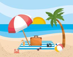 Palma con l&#39;ombrello e la cartella sulla spiaggia vettore