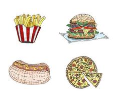 fast food prodotti pizza panino hot dog. schizzo vettore