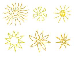scarabocchiare le icone del sole. raccolta dei soli di tempo caldo isolata su bianco. scarabocchi estivi con luce solare, schizzi, oggetti solari disegnati a mano. vettore