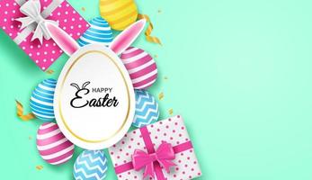 Buona Pasqua. celebrazione. uovo di Pasqua colorato e orecchie da coniglio su sfondo verde menta. luce e ombra. vettore. illustrazione. vettore