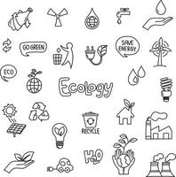 una serie di disegni in stile doodle sul tema della protezione ambientale dell'ecologia che salva il pianeta vettore