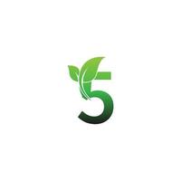 numero 5 con l'illustrazione del modello di progettazione di logo dell'icona delle foglie verdi vettore