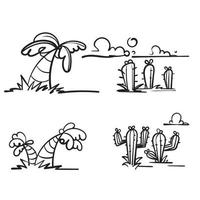 disegnato a mano doodle tropicale pianta estiva albero palma da cocco e cactus illustrazione vettore isolato