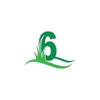 numero 6 dietro un vettore di progettazione del logo dell'icona dell'erba verde