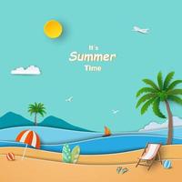 concetto di estate su carta tagliata stile, paesaggio marino su cielo blu con spiaggia, onde, albero di cocco, tavola da surf, ombrellone e palla vettore
