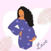 felice donna incinta in un vestito viola abbraccia la sua pancia. medicina e salute. gravidanza e maternità. vettore