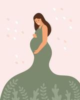 la giovane futura mamma abbraccia la sua grande pancia. vestito verde su una donna incinta. universo e amore. gravidanza e maternità. vettore