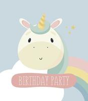 festa di compleanno, biglietto di auguri, invito a una festa. illustrazione per bambini con unicorno magico carino. illustrazione vettoriale in stile cartone animato.