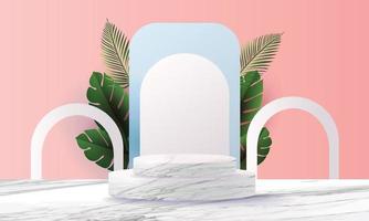 3d geometrico podio mockup foglia tropicale concetto netural per vetrina rosa sfondo blu astratto scena minima presentazione del prodotto vettore