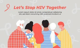 consapevolezza della giornata mondiale contro l'aids persone diverse, uomini e donne si sostengono a vicenda. banner, modello di pagina di destinazione del poster. hiv aids vettore piatto concetto in colori alla moda