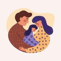 illustrazione vettoriale felice sorridente giovane famiglia piatta in colori alla moda. madre, padre e figlia si abbracciano e si sentono felici. famiglia stabile, genitori e ragazza che si abbracciano insieme. personaggi carini