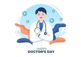 illustrazione vettoriale della giornata mondiale dei medici per biglietto di auguri, poster o sfondo con immagine di medico, stetoscopio e attrezzature mediche