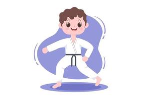 bambini svegli del fumetto che fanno alcune mosse di base di arti marziali di karate, posa di combattimento e indossano il kimono nell'illustrazione piana di vettore del fondo di stile