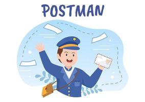 illustrazione vettoriale del fumetto del postino che indossa un'uniforme che porta uno zaino contenente lettere da inviare o mettere una busta nella cassetta postale del servizio postale