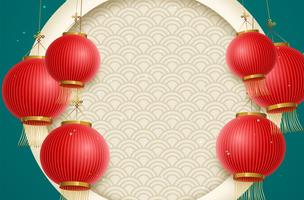 Sfondo anno lunare tradizionale con appesi lanterne e fiori vettore