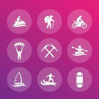 set di icone per attività all'aperto estreme, paracadutismo, vela, alpinismo, surf, corse vettore