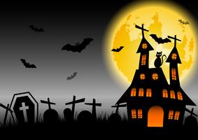 Casa stregata di Halloween con luna incandescente e cimitero vettore