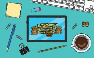 illustrazione di doodle di stile di schizzo del mucchio di soldi con le monete che mostrano sullo schermo del tablet. tablet è posato sulla scrivania dell'ufficio. vettore