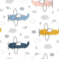 aereo con cielo modello vettoriale senza soluzione di continuità in stile cartone animato sfondo carino per bambino