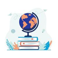 istruzione, apprendimento, pila di libri con illustrazione vettoriale globo. design piatto adatto a molti scopi.
