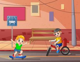 ragazzi in bicicletta e skateboard su strada illustrazione vettore