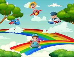 sfondo dei bambini che giocano un aereo su un arcobaleno vettore