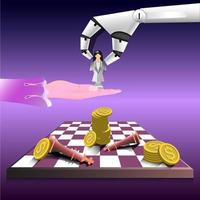concetto di leadership, un robot dà una donna d'affari bianca di scacchi a umana, finanziaria e di investimento, illustratore vettoriale