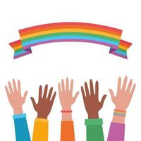 mani e bandiera dell'orgoglio arcobaleno. concetto lgbtq. persone omosessuali disegnate a mano. uguaglianza e protezione dell'amore. vettore