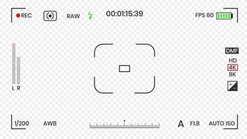 mirino della fotocamera video o registratore cornice per foto in stile piatto illustrazione vettoriale. mirino della fotocamera digitale con impostazioni di esposizione e modello di griglia di messa a fuoco. vettore