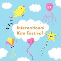 cartolina del festival internazionale degli aquiloni. aquiloni nel cielo tra le nuvole. vettore