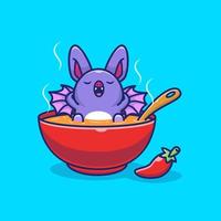 il pipistrello carino si rilassa sull'illustrazione dell'icona del vettore del fumetto della zuppa. concetto di icona di cibo per animali isolato vettore premium. stile cartone animato piatto