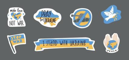 nessuna guerra in Ucraina. adesivo ed elementi. mappa e bandiera dell'ucraina. sostegno per l'Ucraina. scritte di pace. fermare la raccolta di vettore di doodle di guerra.
