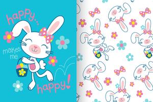 Felice mi rende felice disegnato a mano Bunny Pattern vettore