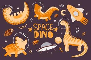 set di simpatici dinosauri, elementi disegnati a mano, in stile cartone animato. razzo. iscrizione manoscritta. dinosauri nello spazio con pianeti, comete e stelle intorno a loro. può essere utilizzato per biglietti di auguri. vettore