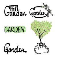 una serie di loghi per il giardino. semplici emblemi, icone e loghi in stile lineare vettoriale. accessori da giardino stilizzati, lumaca e albero in una borsa. vettore
