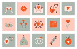 set vettoriale di icone romantiche vintage per San Valentino, matrimonio, tema d'amore, social media. design alla moda disegnato a mano in stile piatto