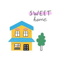 casa disegnata a mano carina con scritte dolce casa. illustrazione vettoriale. vettore