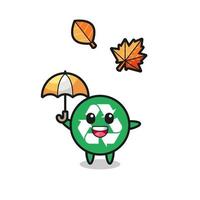 cartone animato del simpatico riciclaggio che tiene un ombrello in autunno vettore
