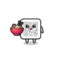 simpatico personaggio in codice qr che mangia noodles vettore
