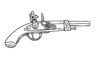 antica pistola pirata a percussione con astina in legno intagliato linea vettoriale art