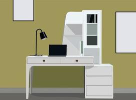 scrivania del progettista grafico con illustrazione vettoriale del laptop. bellissimo poster di mobili per ufficio sul muro mock-up vettoriale.