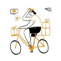 uomo felice in sella a una bicicletta che trasporta scatole regalo amore e manca il concetto vettore