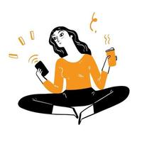 bella ragazza rilassante tenendo una tazza di caffè per lavorare sul suo telefono cellulare. vettore