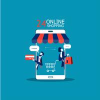 uomini d&#39;affari che promuovono lo shopping su smartphone
