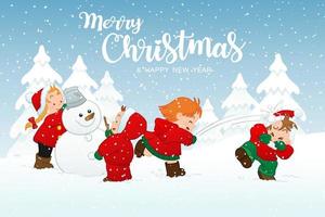 illustrazione bambini che giocano sulla neve delle attività di vacanza invernale buon natale e felice anno nuovo vettore