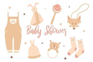 una collezione di elementi essenziali per i neonati in stile boho. prodotti per l'infanzia per il primo anno di vita. baby doccia. vettore